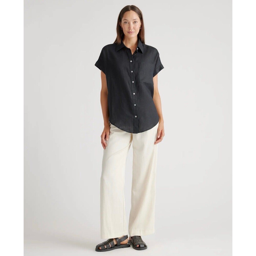 Quince Black Linen Camp Button Down Shirt Size Large